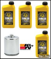 KIT VIDANGE MOTEUR - MCS - EVOLUTION - HUILE FULL SYNTHETIQUE - 4 BIDONS D'HUILE + 1 FILTRE K&N CHROME