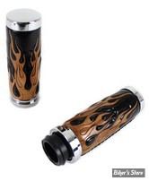 POIGNEES - V-TWIN TEDD CYCLE - Flame Style Throttle By Wire Grip Set with Black Ends - AMBER / CHROME
