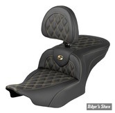 SELLE SADDLEMEN - ROADSOFA™ - LATTICE STITCH - TOURING 2023UP - EXTENDED REACH - AVEC DOSSERET PILOTE - GOLD STITCH - FINITION : NOIR / COUTURES DORÉES - 823-07-184B7