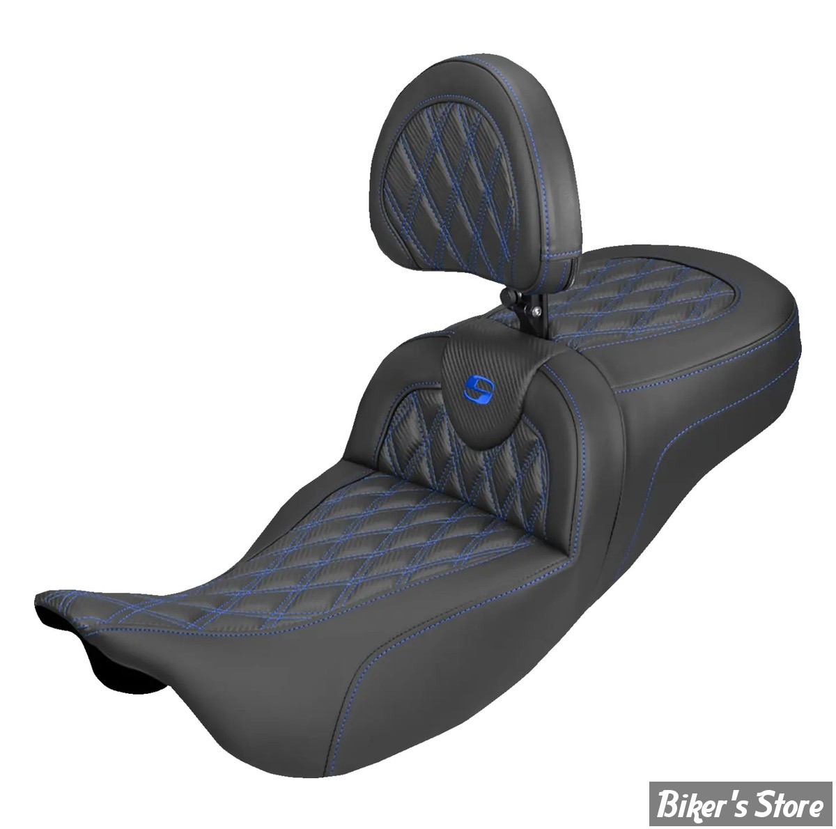 SELLE DUO SADDLEMEN - ROADSOFA LATICE STICH - Extended Reach - CARBON FIBER - AVEC DOSSIER PILOTE - TOURING 08/25 - NOIR/COUTURES BLEU - 808-07B-207B1