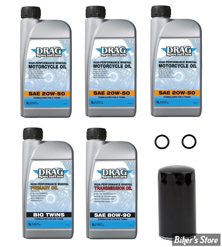 KIT HUILE MINERALE - Kit vidange moteur - 20W50 MINERALE - DYNA 91/98 - DRAG SPECIALTIES - FILTRE A HUILE : NOIR 