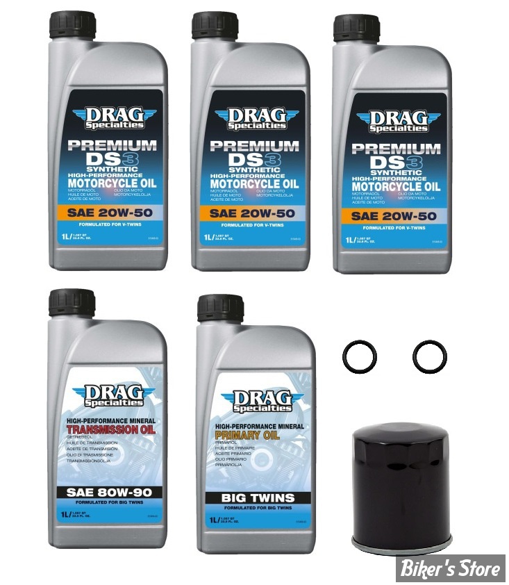 KIT HUILE SYNTHETIQUE - Kit vidange moteur - 20W50 SYNTHETIQUE - SOFTAIL 84/98 - DRAG SPECIALTIES - FILTRE A HUILE : NOIR 
