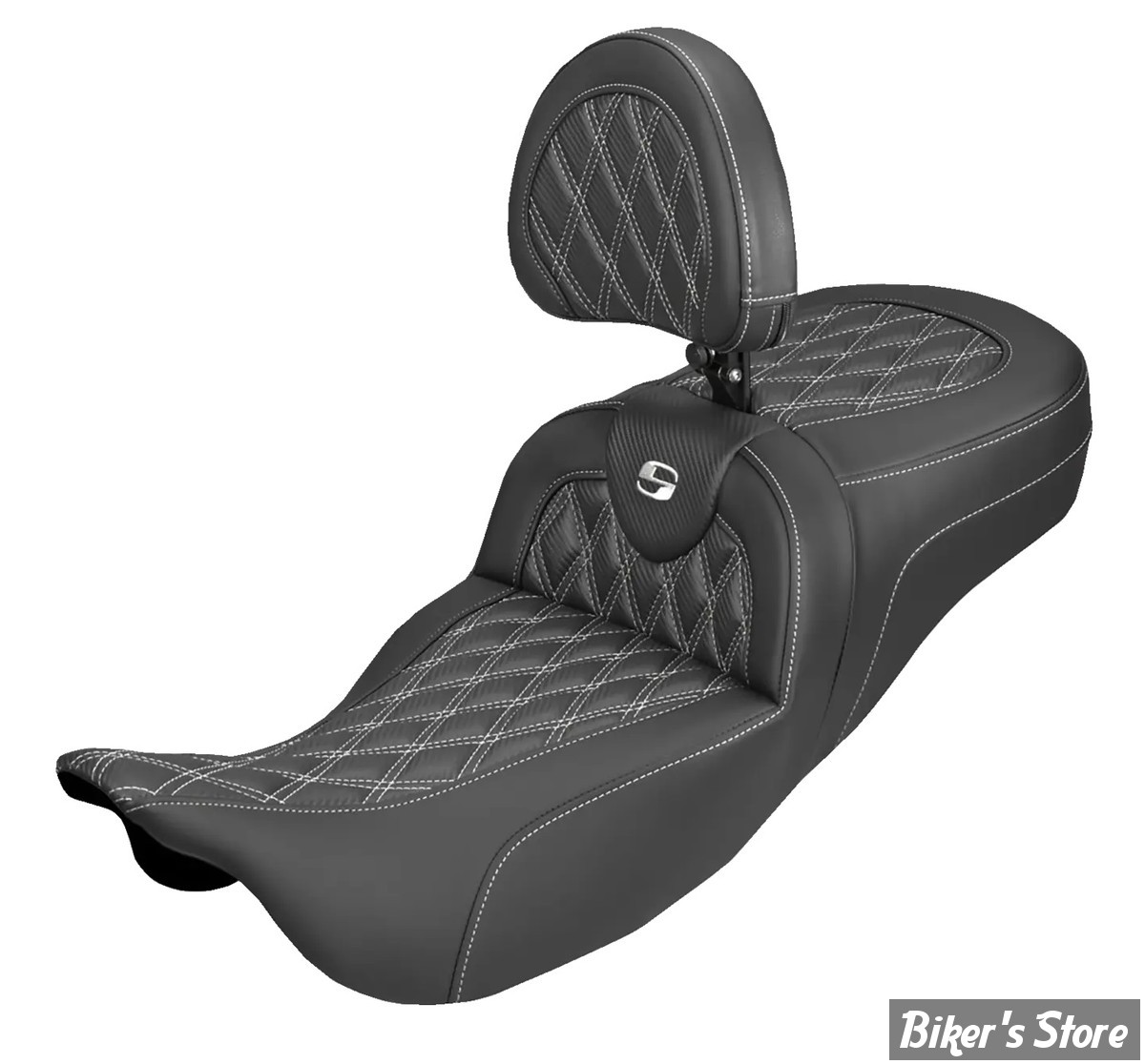 SELLE DUO SADDLEMEN - ROADSOFA LATICE STICH - Extended Reach - CARBON FIBER - AVEC DOSSIER PILOTE - TOURING 08/25 - NOIR/COUTURES BLANCHES - 808-07B-207B6