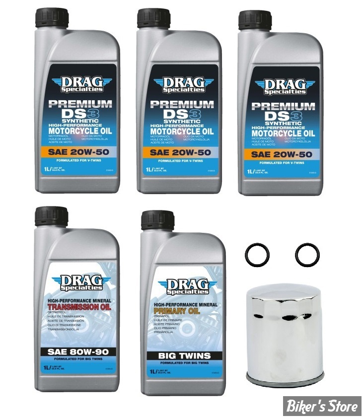 KIT HUILE SYNTHETIQUE - Kit vidange moteur - 20W50 SYNTHETIQUE - SOFTAIL 84/98 - DRAG SPECIALTIES - FILTRE A HUILE : CHROME 