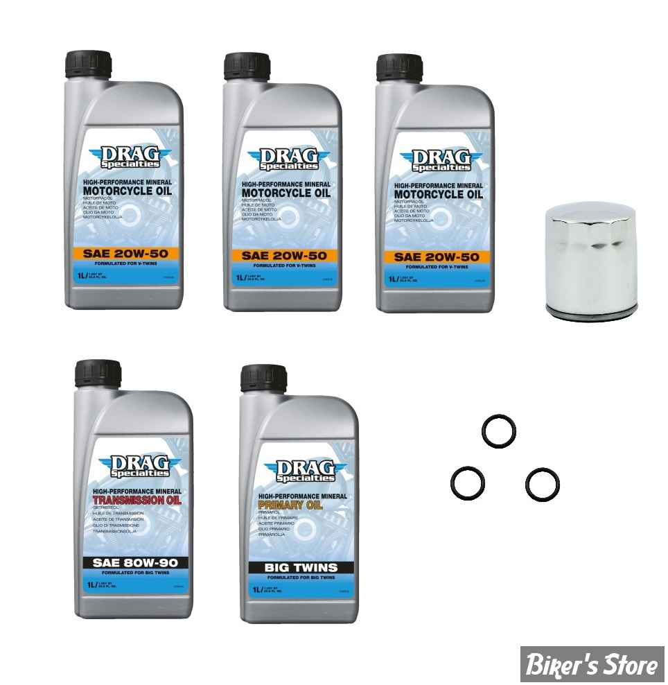 KIT HUILE MINÉRALE - Kit vidange moteur - 20W50 MINERALE  - SOFTAIL 07/17 / DYNA 06/17 - DRAG SPECIALTIES - FILTRE A HUILE : CHROME