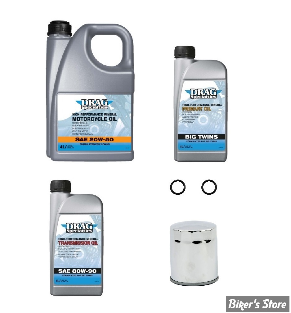 - Kit vidange complet - 20W50 MINERALE - TOURING 86/98 - DRAG SPECIALTIES - FILTRE A HUILE : CHROME