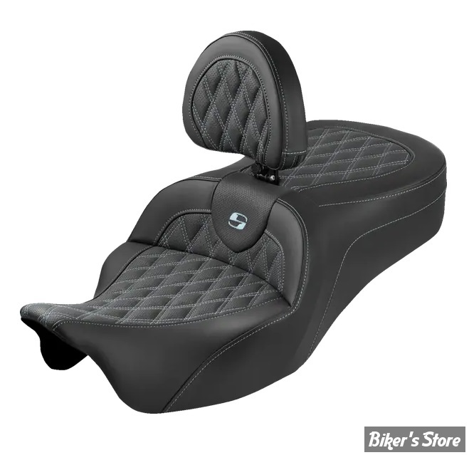 SELLE DUO SADDLEMEN - ROADSOFA KING LATTICE STITCH - AVEC DOSSIER PILOTE - TOURING 08/25 - NOIR/COUTURES ARGENT - 808-07B-182SB5