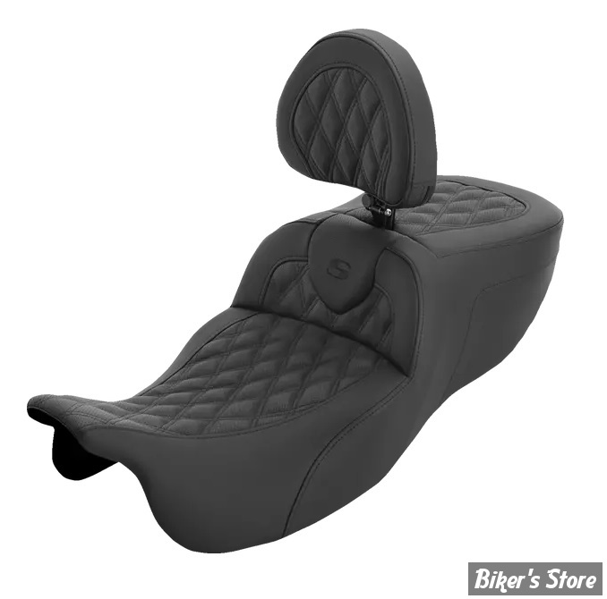 SELLE SADDLEMEN - ROADSOFA™ - LATTICE STITCH - FLTRT 23/25 / FLRT 15/25 - EXTENDED REACH - AVEC DOSSIER PILOTE - FINITION : NOIR / COUTURES NOIRES - 815-07-184BR