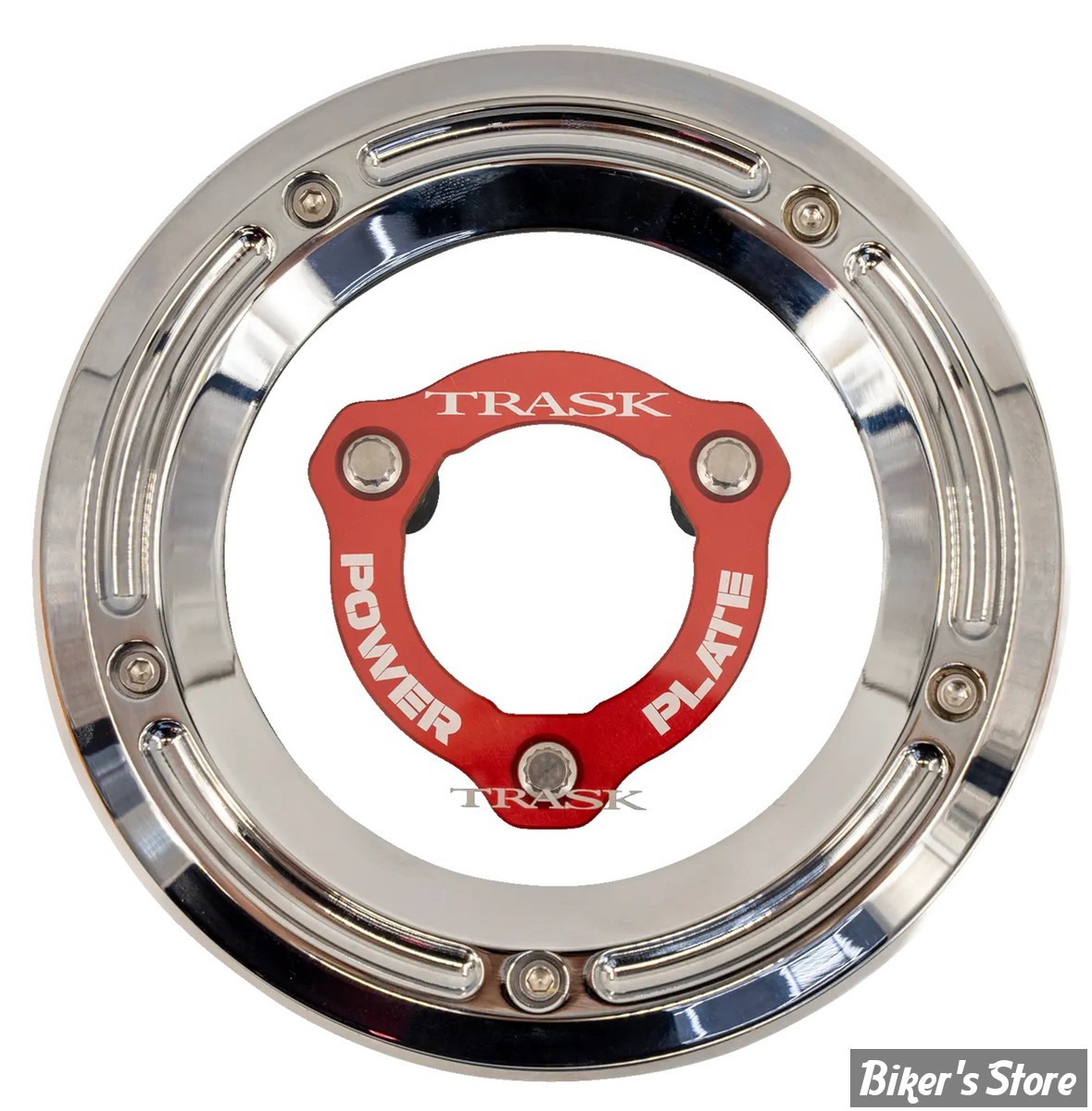 ECLATE I - PIECE N° 25A - COUVERCLE D EMBRAYAGE - TOURING  FLHTCUL/FLHTKL 17UP - TRASK - AVEC POWER PLATE - FINITION : CHROME / POWER PLATE : ROUGE - TM-0051-CH-RD