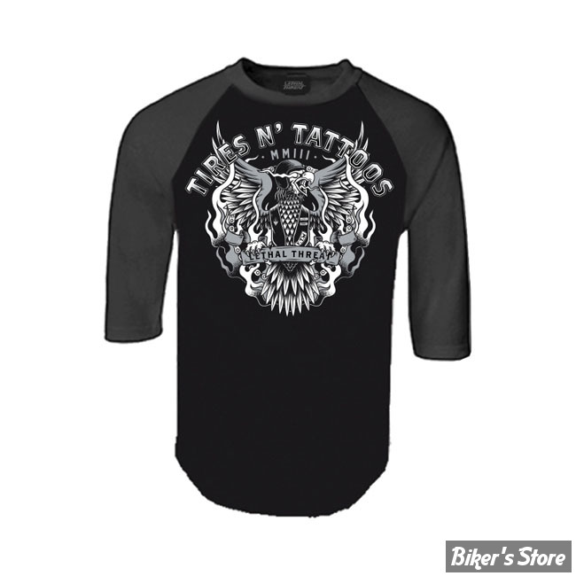 TEE-SHIRT MANCHES 3/4 - LETHAL THREAT - TIRES N TATTOOS EAGLE - NOIR/GRIS - TAILLE 2XL