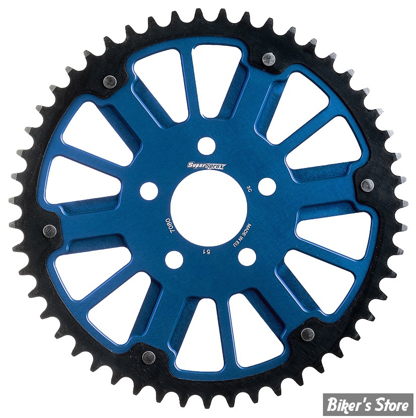 - COURONNE 53 DENTS - SPORTSTER 86/92 / BIGTWIN 84UP - COURONNE SUPERSPROX STEALTH ALUMINIUM / ACIER - FINITION : BLEU