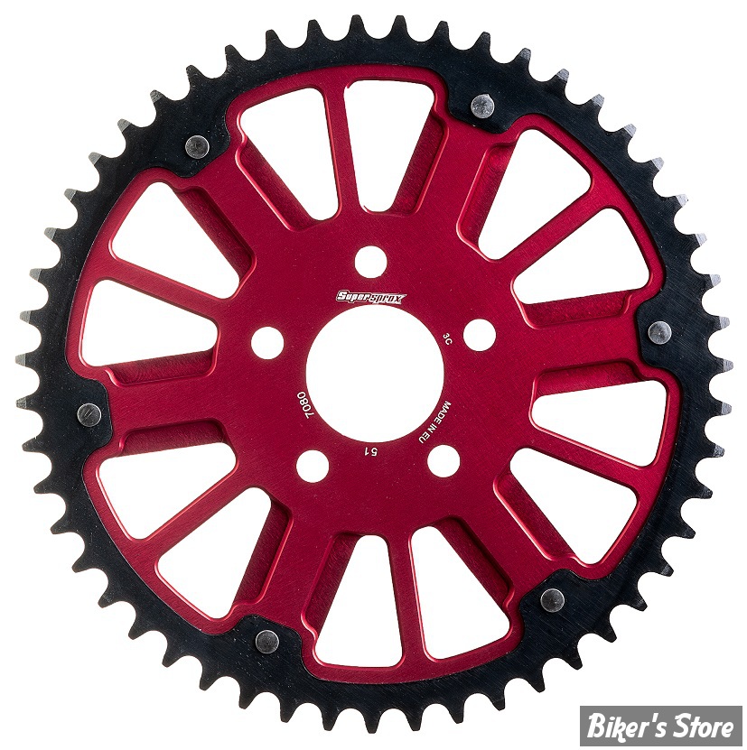 - COURONNE 53 DENTS - SPORTSTER 86/92 / BIGTWIN 84UP - COURONNE SUPERSPROX STEALTH ALUMINIUM / ACIER - FINITION : ROUGE
