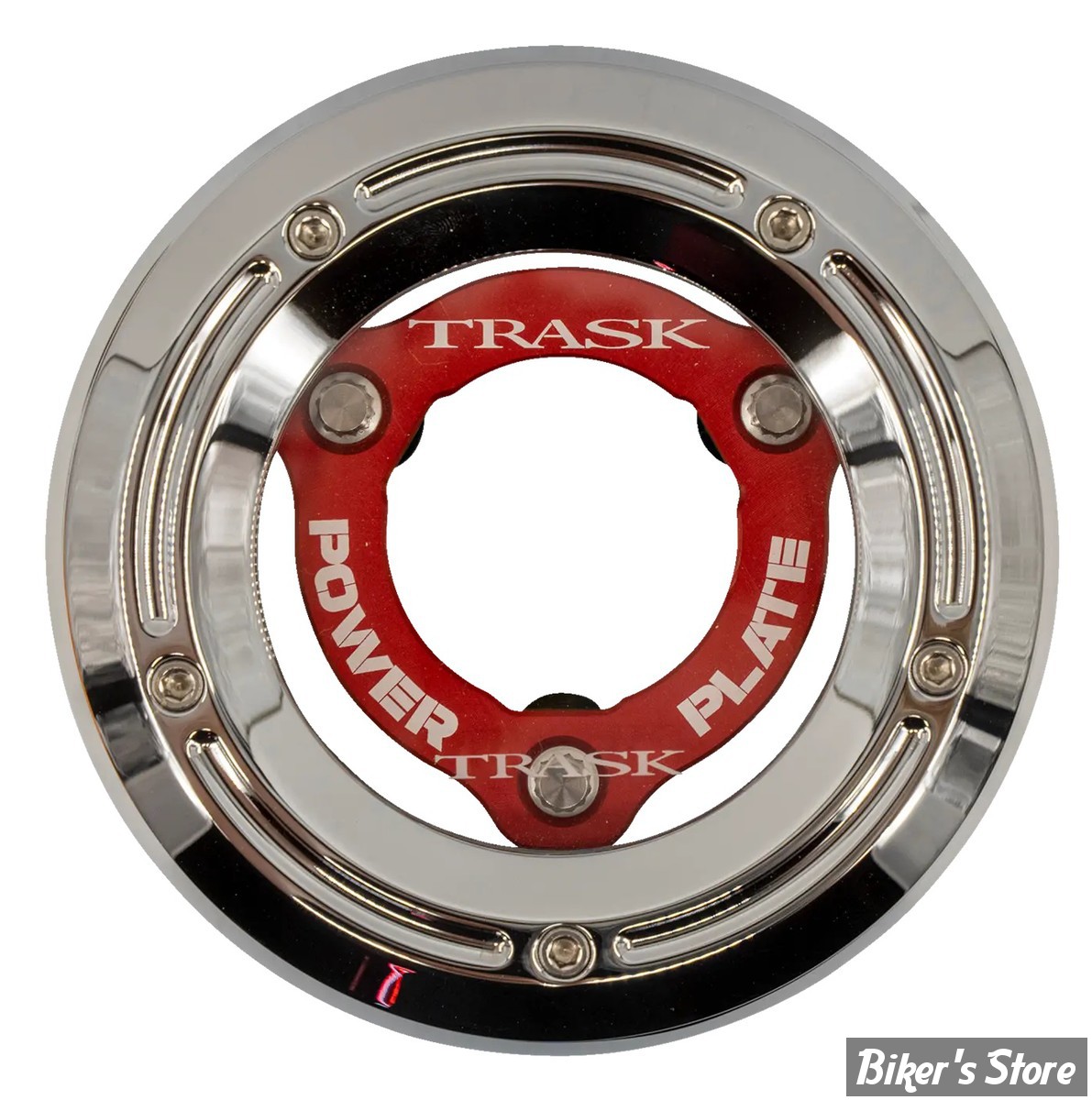 ECLATE I - PIECE N° 25 - COUVERCLE D EMBRAYAGE - OEM 25414-99 - TRASK -AVEC POWER PLATE - FINITION : CHROME / POWER PLATE : ROUGE - TM-0052-CH-RD