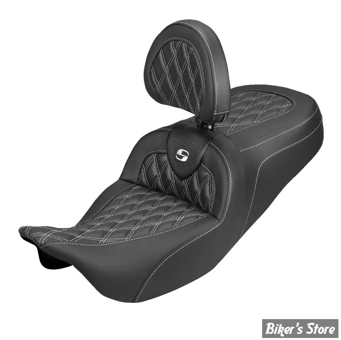 SELLE DUO SADDLEMEN - ROADSOFA LATICE STICH - CARBON FIBER - TOURING 08/25 - AVEC DOSSIER PILOTE - NOIR/COUTURES BLANCHES - 808-07B-206B6