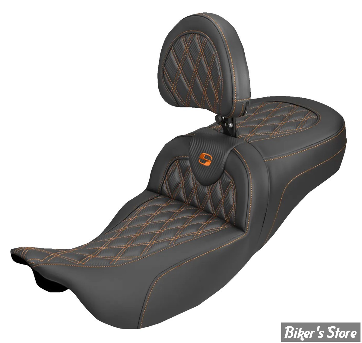 SELLE DUO SADDLEMEN - ROADSOFA LATICE STICH - Extended Reach - CARBON FIBER - AVEC DOSSIER PILOTE - TOURING 08/25 - NOIR/COUTURES ORANGES - 808-07B-207B3