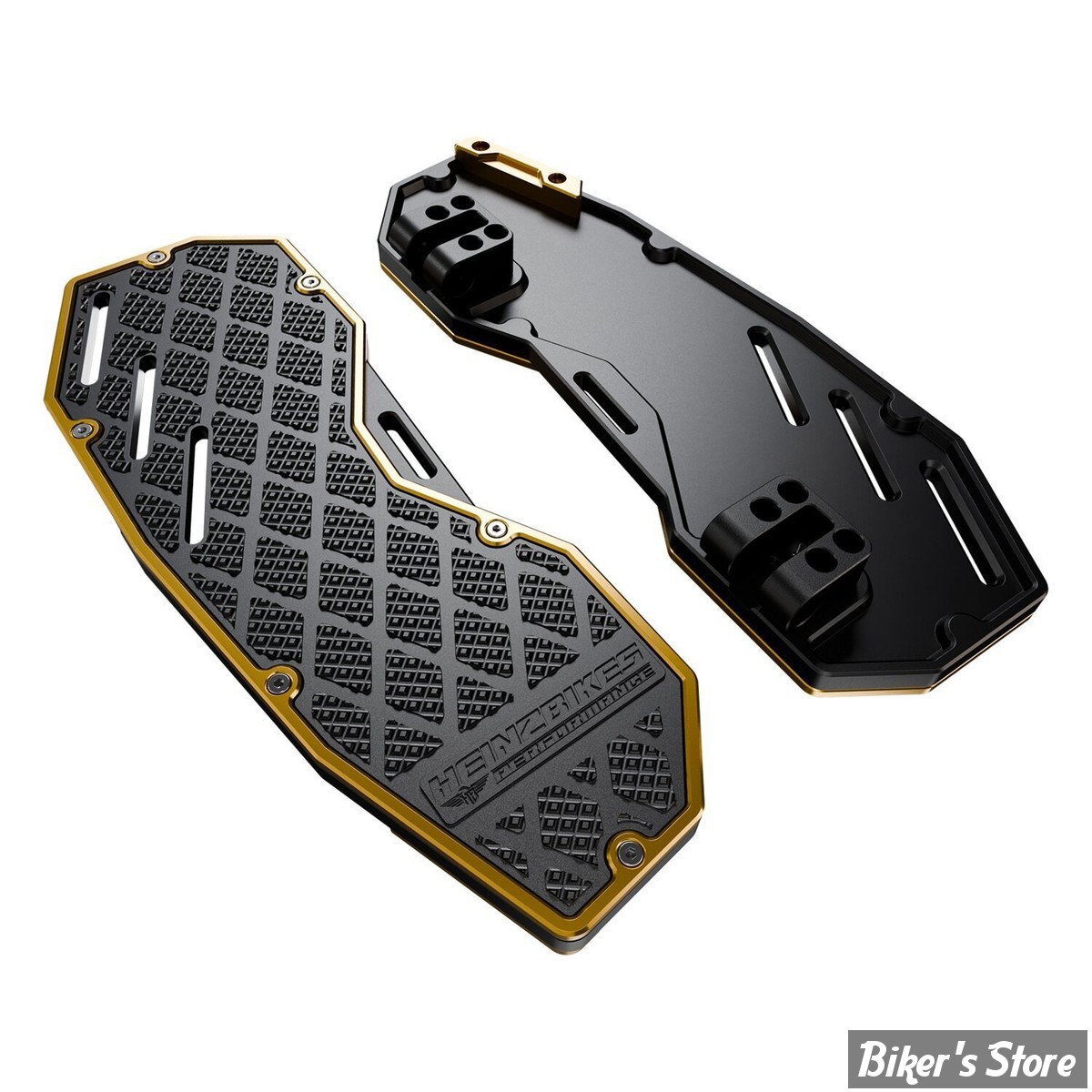 - ECLATE Y - PIECE N° 01 - KIT PLATEFORMES CONDUCTEUR - SOFTAIL 86UP / FLT 84UP - HEINZ BIKES - PERFORMANCE - FINITION : NOIR / OR - HB-PFB-G