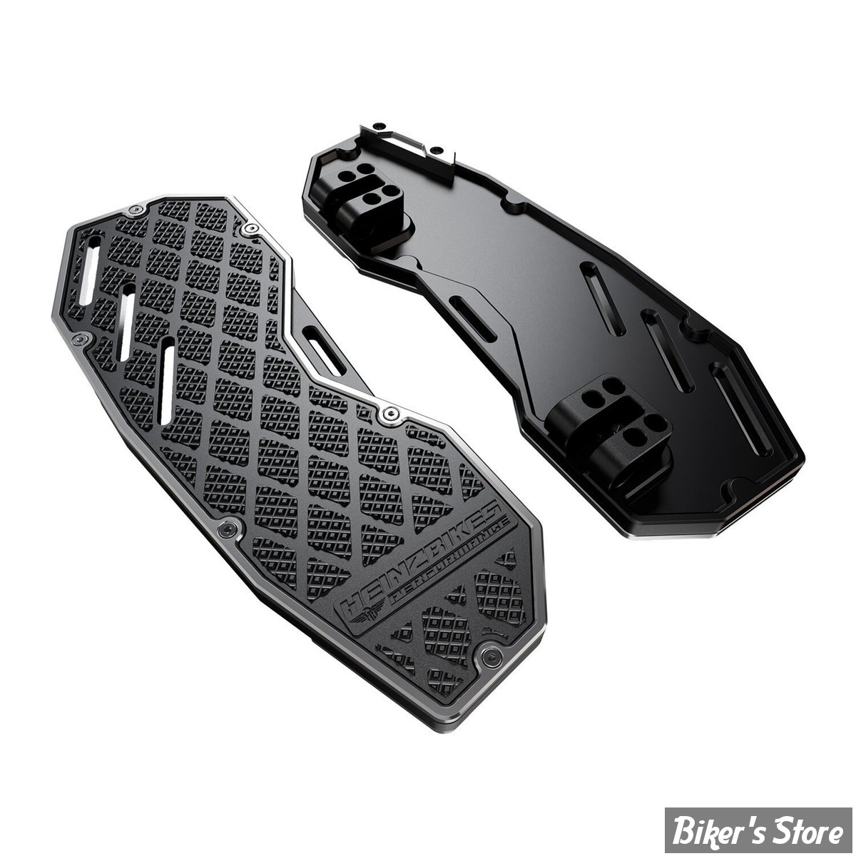 - ECLATE Y - PIECE N° 01 - KIT PLATEFORMES CONDUCTEUR - SOFTAIL 86UP / FLT 84UP - HEINZ BIKES - PERFORMANCE - FINITION : NOIR / ARGENT - HB-PFB-S