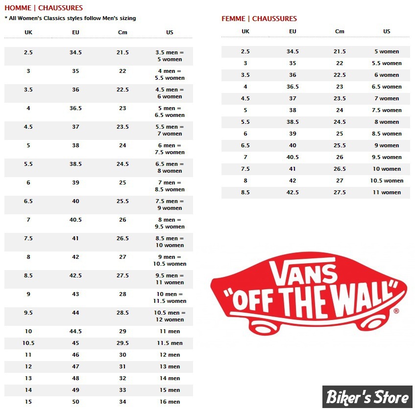 pointure americaine vans