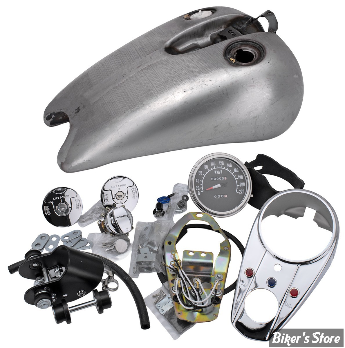 RESERVOIR D'ESSENCE - 3.4 GALLONS / 12.90LITRES - SPORTSTER 82/94 - OEM 00000-00 - RALLONGÉ + 2" - AVEC CONSOLE ET ACCESSOIRES - BOUCHONS AVIATION