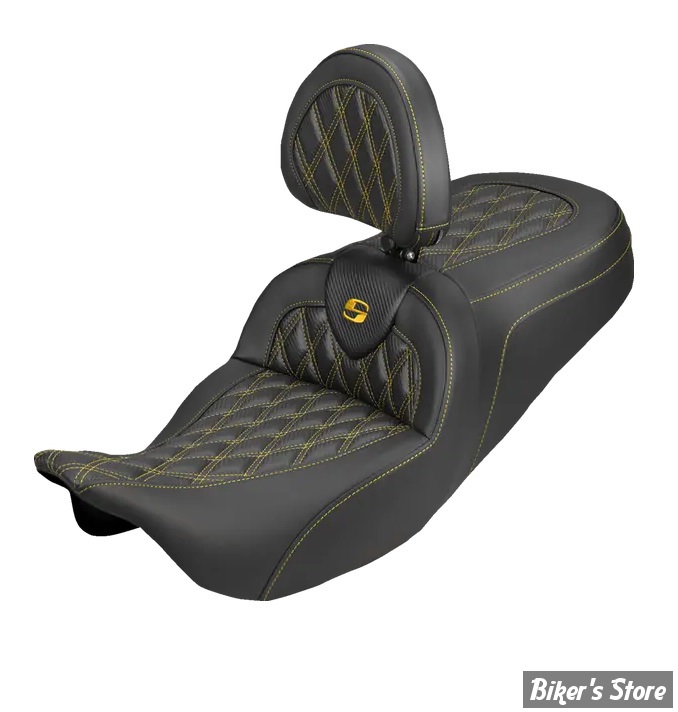 SELLE DUO SADDLEMEN - ROADSOFA LATICE STICH - CARBON FIBER - TOURING 08/25 - AVEC DOSSIER PILOTE - NOIR/COUTURES OR - 808-07B-206B7