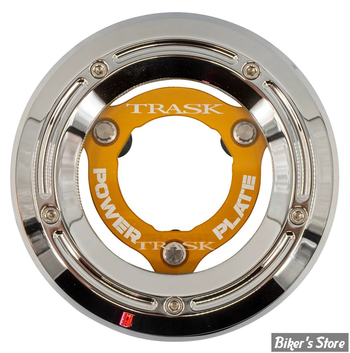 ECLATE I - PIECE N° 25 - COUVERCLE D EMBRAYAGE - OEM 25414-99 - TRASK -AVEC POWER PLATE - FINITION : CHROME / POWER PLATE : OR - TM-0052-CH-GD