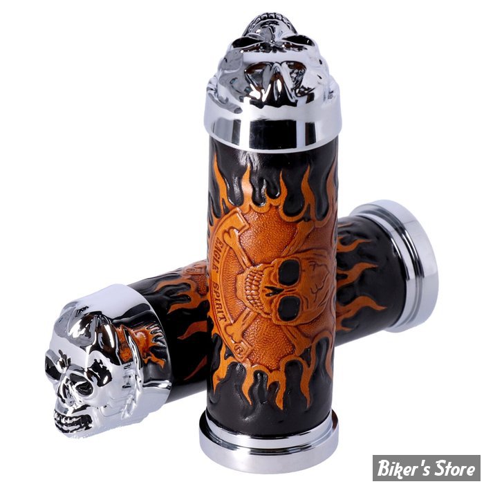 POIGNÉES - MCS - ADAPTABLES - POUR GUIDON DE 1" - Handlebar grip set Cushion Skull leather - SKULL / CUIR / CUSHION / CHROME