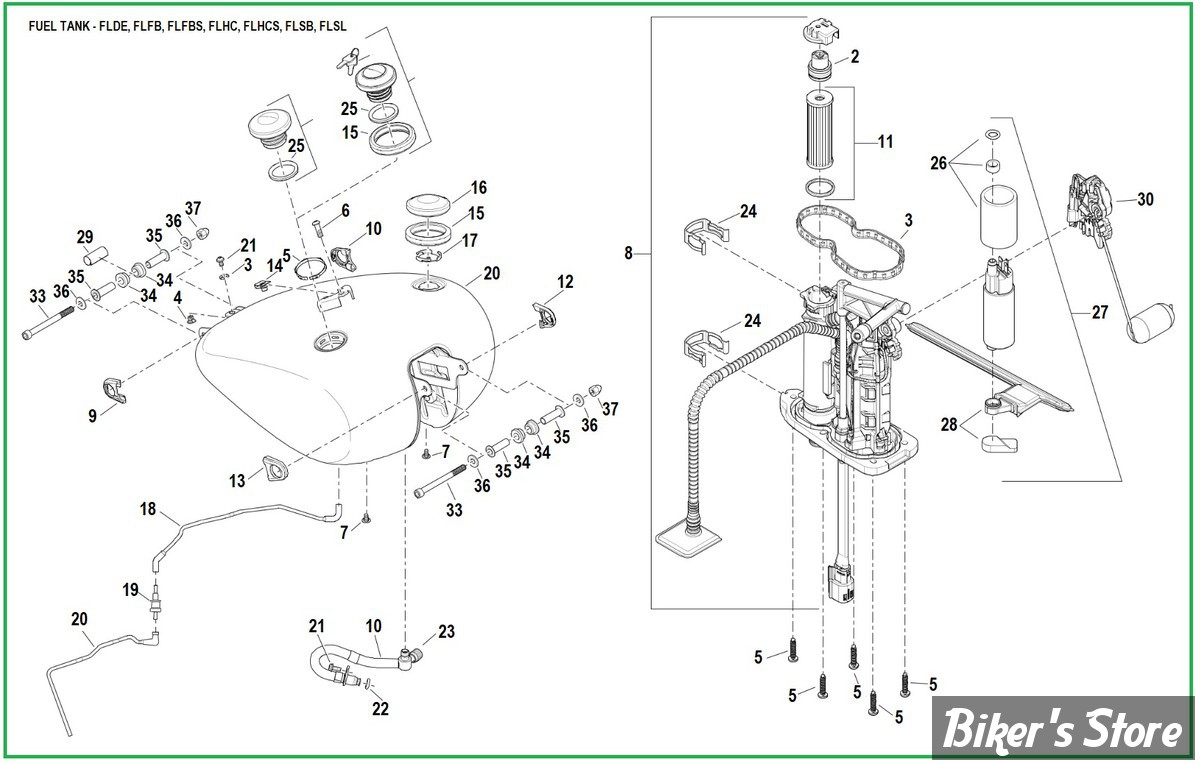  ECLATE A - PIECE n° 00 - ECLATE DES PIECES DE RÉSERVOIR D'ESSENCE ET DE POMPE À CARBURANT - SOFTAIL MILWAUKEE EIGHT 2018 >