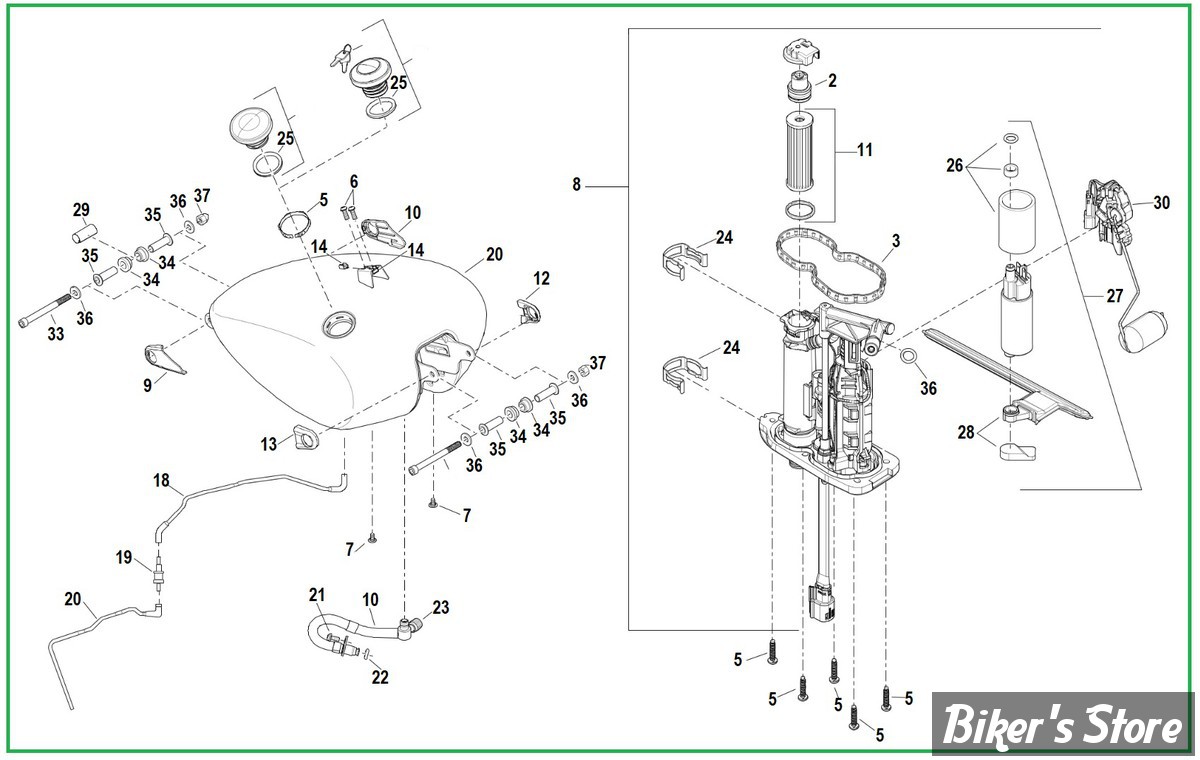  ECLATE A - PIECE n° 00 - ECLATE DES PIECES DE RÉSERVOIR D'ESSENCE ET DE POMPE À CARBURANT - SOFTAIL MILWAUKEE EIGHT FXFB  2018 >