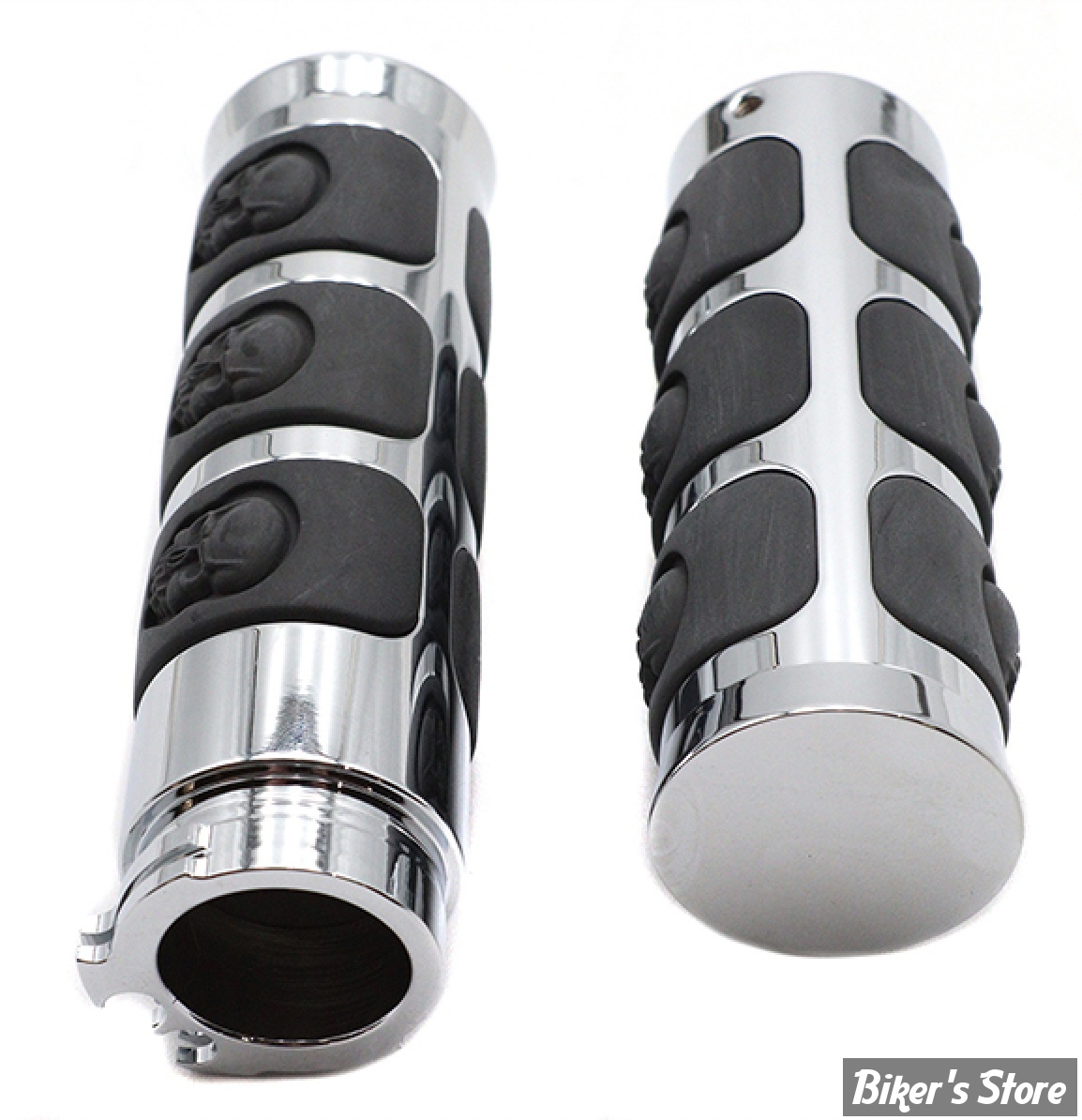 POIGNEES - V-TWIN TEDD CYCLE / WYATT GATLING - Chrome Band Style Skull Grip Set - CHROME