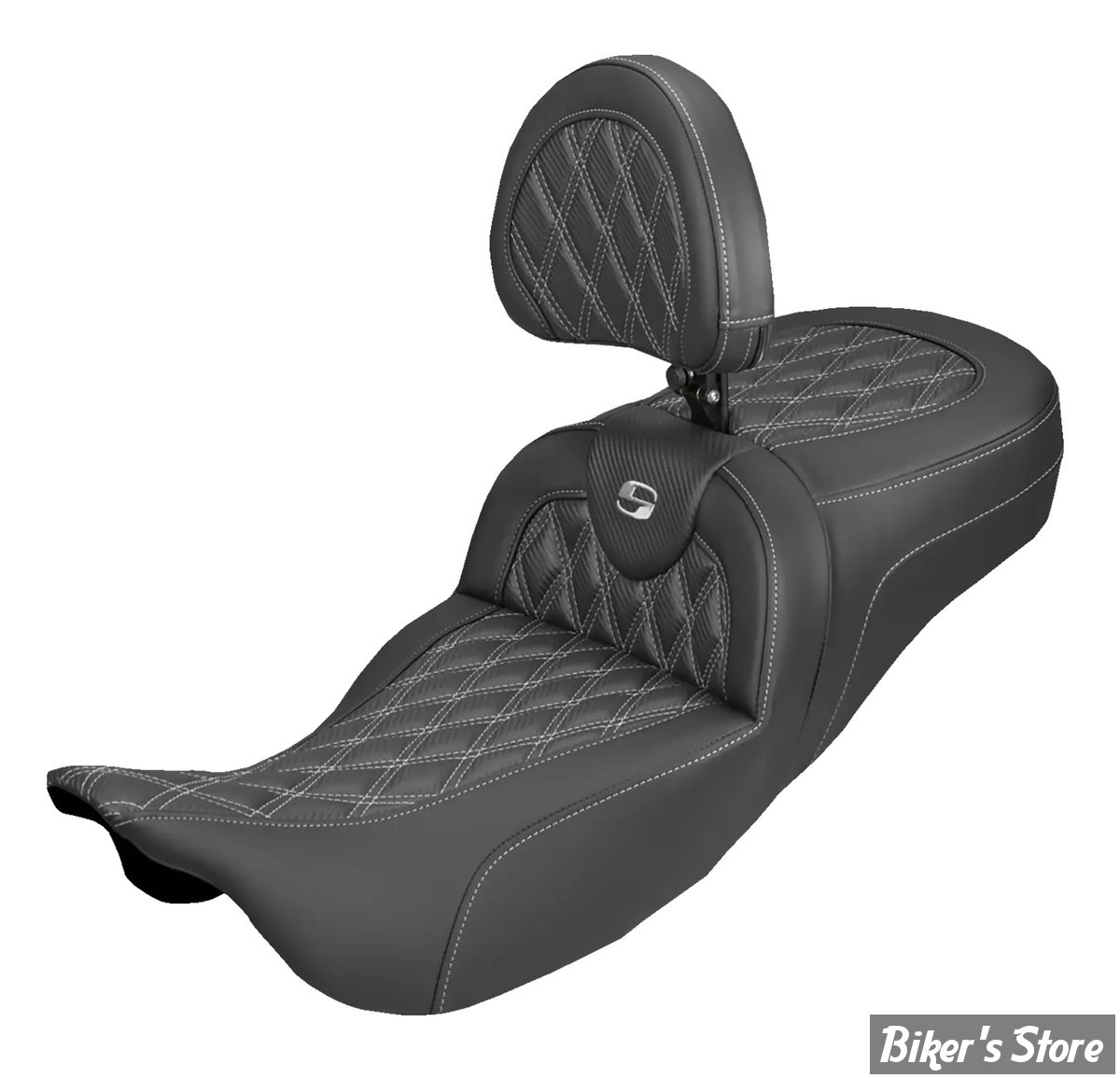 SELLE DUO SADDLEMEN - ROADSOFA LATICE STICH - Extended Reach - CARBON FIBER - AVEC DOSSIER PILOTE - TOURING 08/25 - NOIR/COUTURES ARGENT - 808-07B-207B5