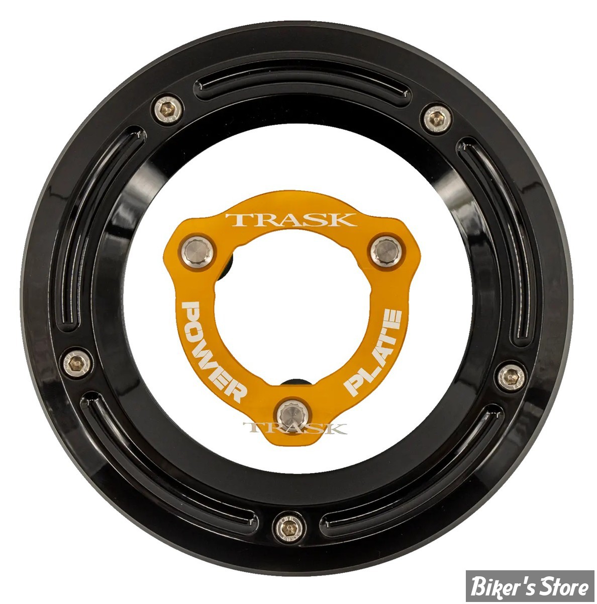 ECLATE I - PIECE N° 25A - COUVERCLE D EMBRAYAGE - TOURING  FLHTCUL/FLHTKL 17UP - TRASK - AVEC POWER PLATE - FINITION : NOIR / POWER PLATE : JAUNE - TM-0051-BK-GD