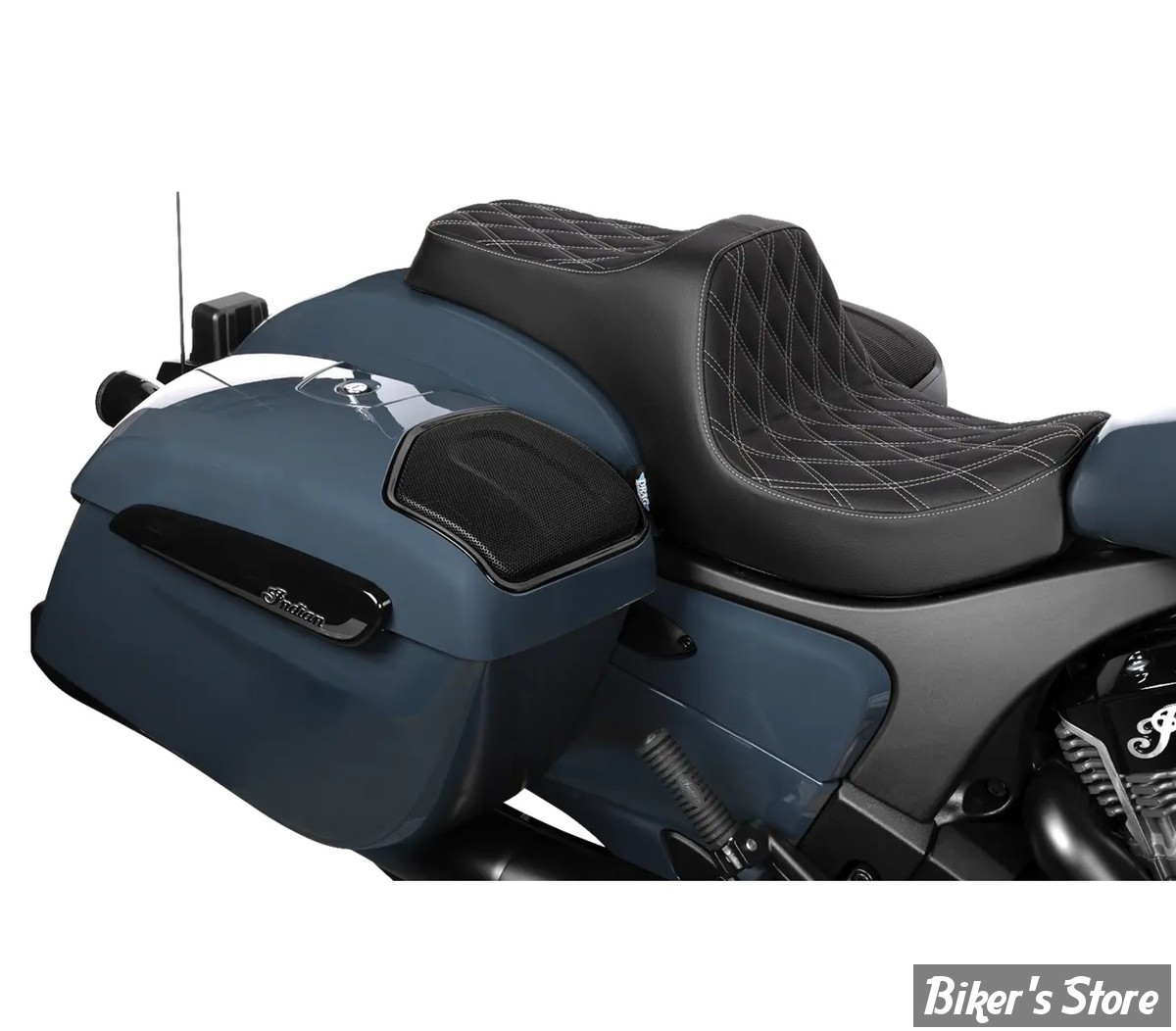 SELLE DUO - INDIAN CHALLENGER 2020UP / CHIEFTAIN 2025UP -  DRAG SPECIALTIES - PREDATOR III 2-UP SEAT - POSITION AVANCEE DE 1" - DOUBLE DIAMOND - NOIR / COUTURES : SILVER - 4718C