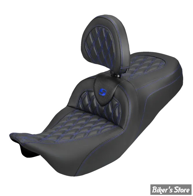 SELLE DUO SADDLEMEN - ROADSOFA LATICE STICH - CARBON FIBER - TOURING 08/25 - AVEC DOSSIER PILOTE - NOIR/COUTURES BLEU - 808-07B-206B1
