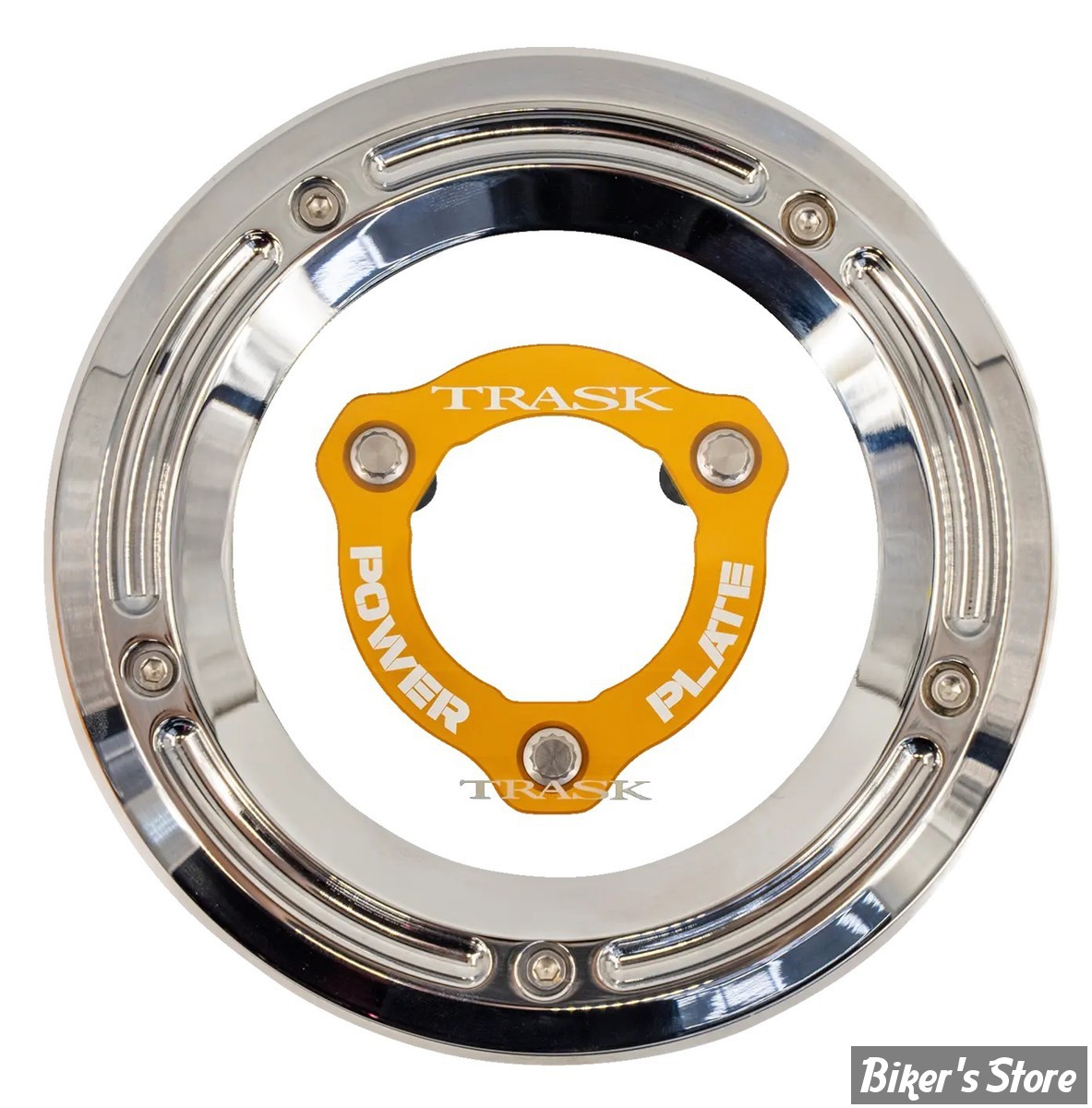 ECLATE I - PIECE N° 25A - COUVERCLE D EMBRAYAGE - TOURING  FLHTCUL/FLHTKL 17UP - TRASK - AVEC POWER PLATE - FINITION : CHROME / POWER PLATE : OR - TM-0051-CH-GD