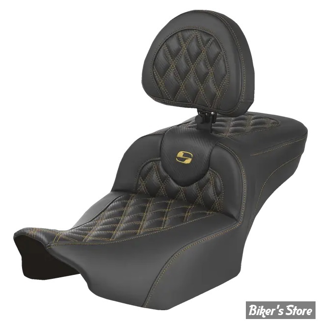 SELLE SADDLEMEN - ROADSOFA™ - LATTICE STITCH - TOURING 2023UP - EXTENDED REACH - CARBON FIBER - AVEC DOSSIER PASSAGER - GOLD STITCH - FINITION : NOIR / COUTURES DORÉES - 823-07-207B7