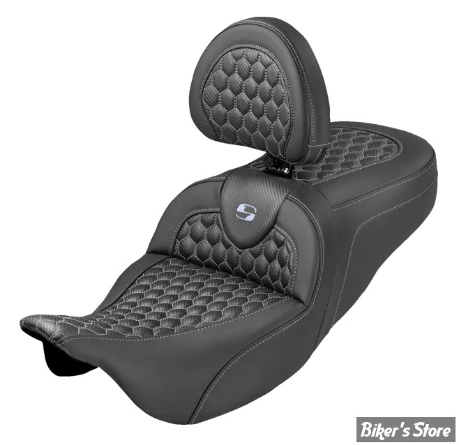 SELLE DUO SADDLEMEN - ROADSOFA Honeycomb Stitch - SR - TOURING 08/25 - AVEC DOSSIER PILOTE - NOIR/COUTURES ARGENT - 808-07B-189B5