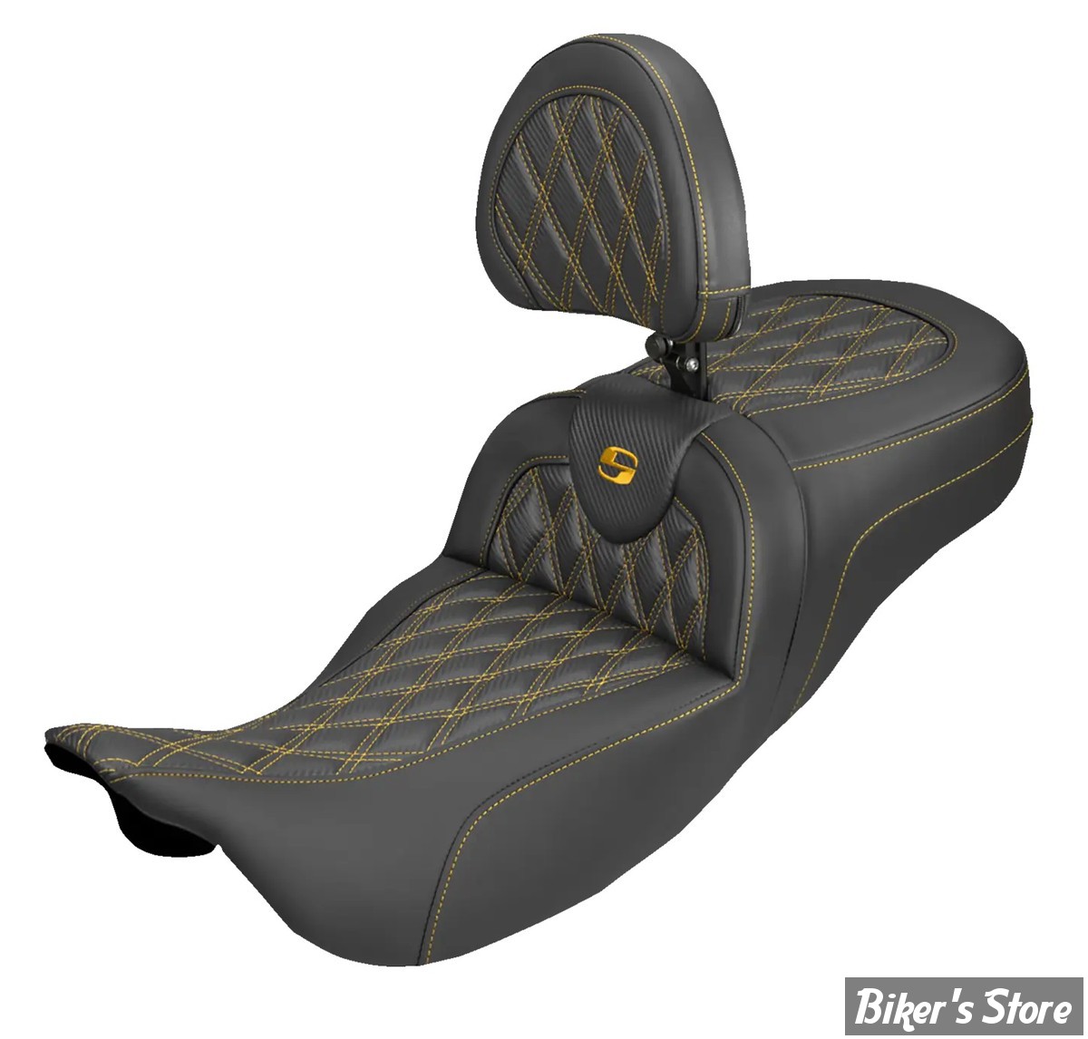 SELLE DUO SADDLEMEN - ROADSOFA LATICE STICH - Extended Reach - CARBON FIBER - AVEC DOSSIER PILOTE - TOURING 08/25 - NOIR/COUTURES OR - 808-07B-207B7