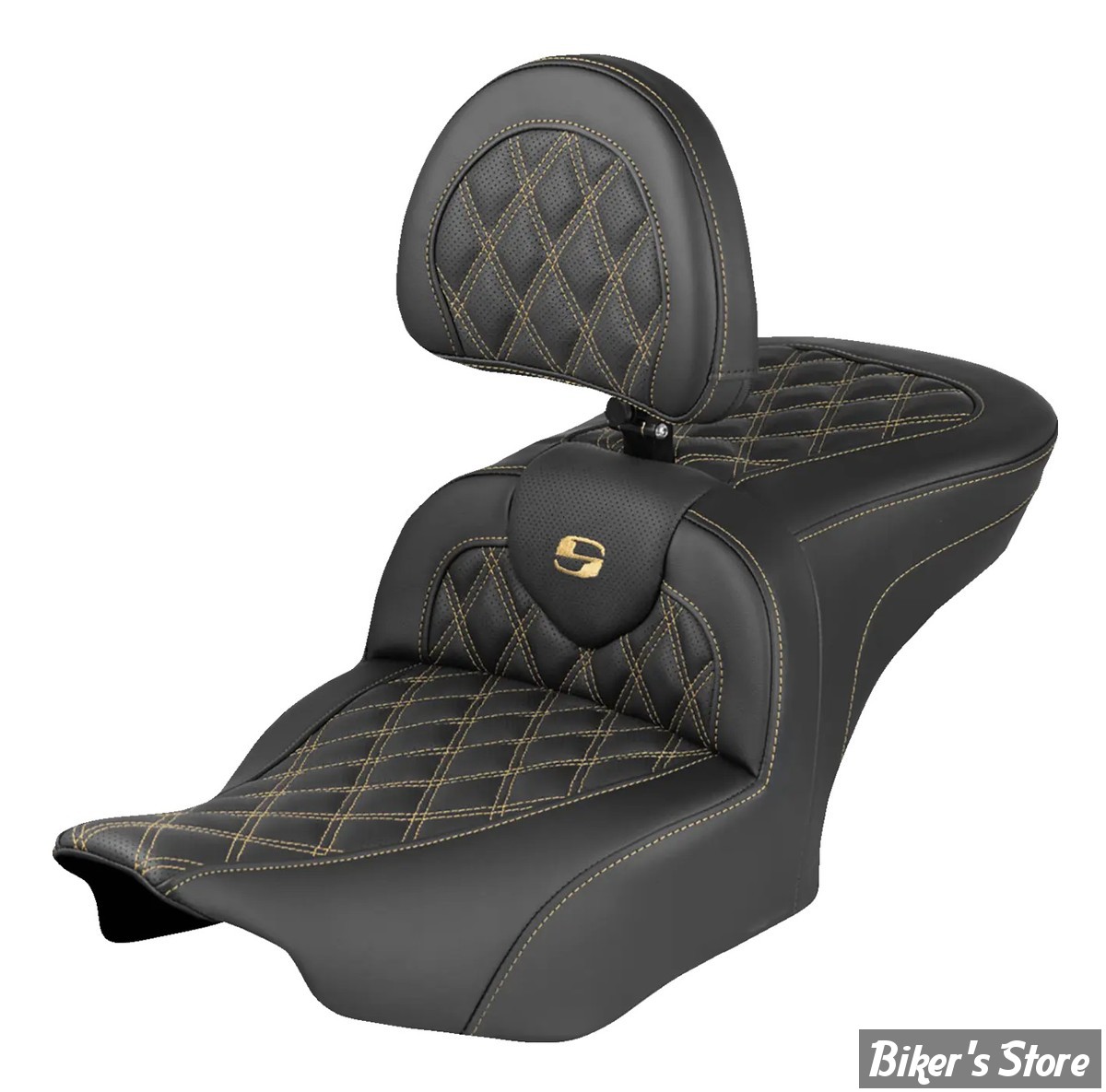 SELLE SADDLEMEN - ROADSOFA™ - LATTICE STITCH - TOURING 2023UP - EXTENDED REACH - AVEC DOSSERET PILOTE - GOLD STITCH - FINITION : NOIR / COUTURES DORÉES - 823-07-184B7