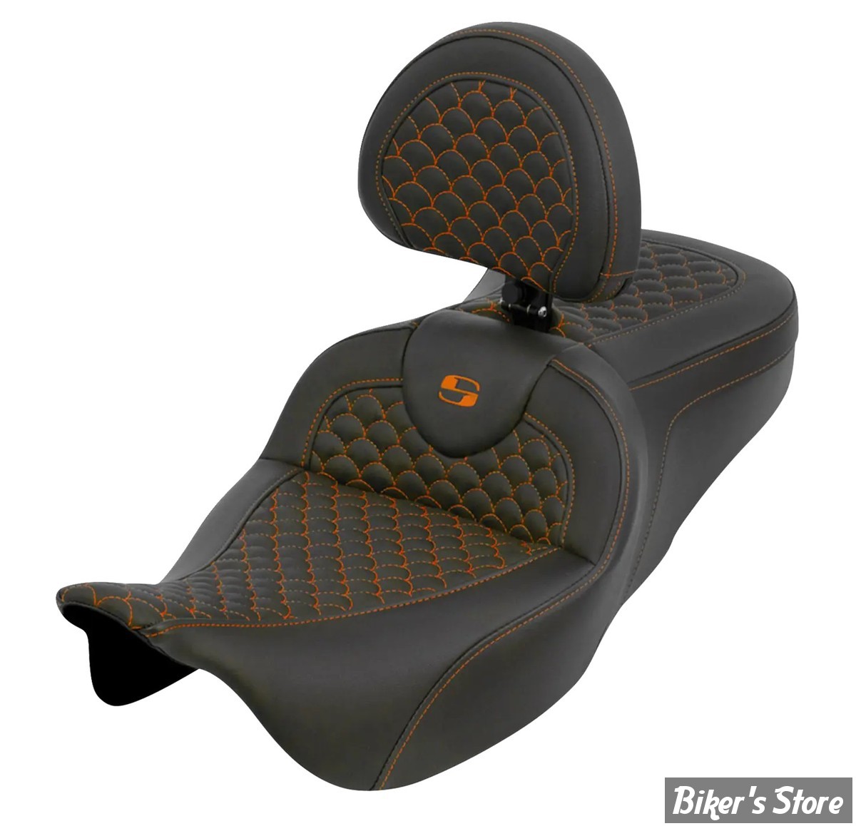- SELLE SADDLEMEN - ROADSOFA™ DS SEAT - TOURING 08UP - AVEC DOSSIER - NOIR / COUTURES : ORANGE - 808-07B-208B3