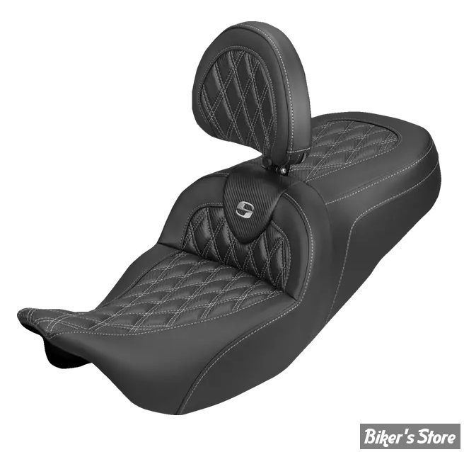 SELLE DUO SADDLEMEN - ROADSOFA LATICE STICH - CARBON FIBER - TOURING 08/25 - AVEC DOSSIER PILOTE - NOIR/COUTURES ARGENT - 808-07B-206B5