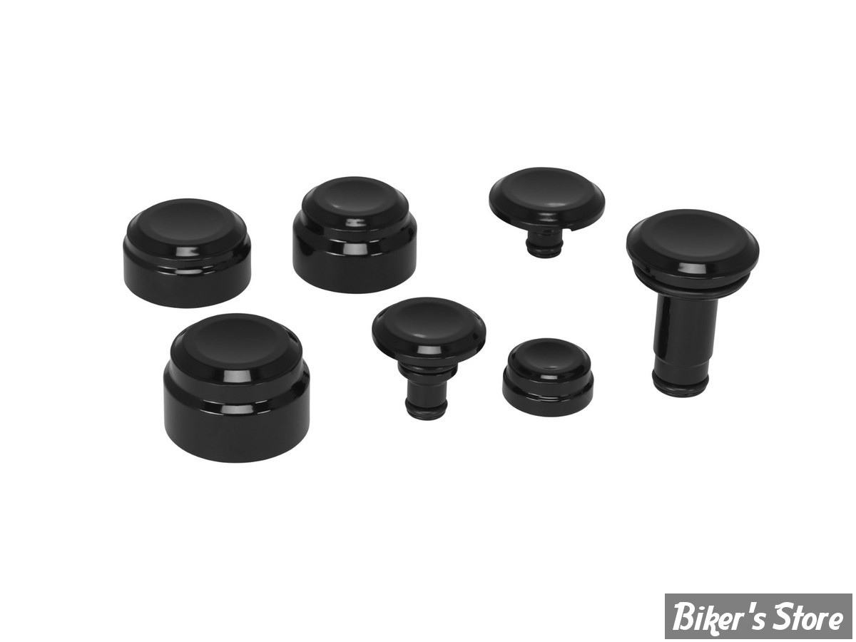 - CACHES AXE DE ROUE ARRIÈRE & AVANT / BRAS OSCILLANT / AMORTISSEUR - SOFTAIL M8 18UP - RICK'S MOTORCYCLES - JEU DE 7 PIÈCES - LISSE - NOIR - S8-3SR0000-0