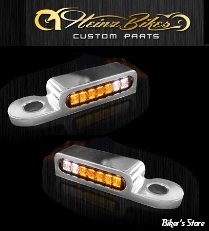 2 - CLIGNOS HEINZ BIKES - LED Turn Signals Front - DYNA/SOFTAIL/TOURING 96> - 2 FONCTIONS clignotant / Position - CHROME