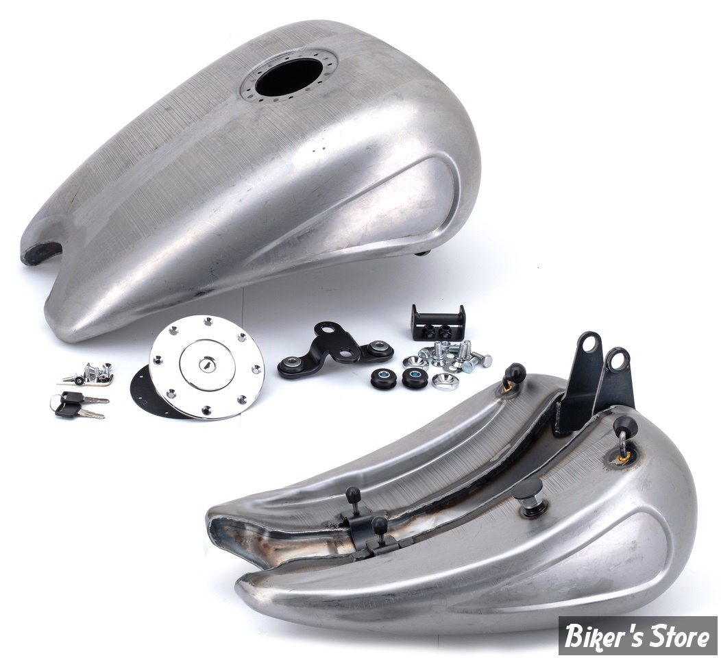 RESERVOIR D'ESSENCE - 4.3 GALLONS - SOFTAIL 1984/1999 - ALLONGÉ DE 2" - AVEC EMPREINTE LATERALES - CAPACITE : 4.3 GALLONS - BOUCHON TRAPPE AVIA A CLEFS