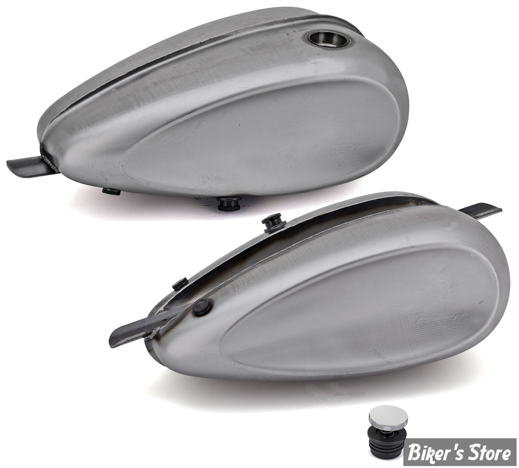 RESERVOIR TYPE MUSTANG - 3.1 GALLONS / 11.50 LITRES - RESERVOIR MUSTANG LAREDO - DISHED / RAINURÉ - Avec bouchon latéral droit complet avec bouchon d'essence chromé style pop-up