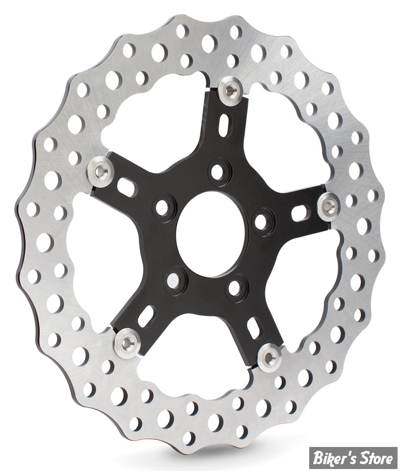 ECLATE DF - PIECE N° 01 - DISQUE FLOTTANT AVANT 11.8" - OEM 41808-08 - ARLEN NESS - SOFTAIL 15UP / DYNA 06/17 / TOURING 08UP / SPORTSTER 14/21 - JAGGED - FRETTE : NOIRE - 02-787