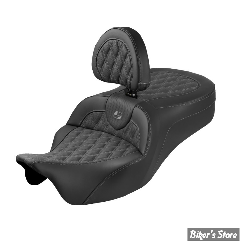 SELLE DUO SADDLEMEN - ROADSOFA KING LATTICE STITCH - AVEC DOSSIER PILOTE - TOURING 08/25 - NOIR/COUTURES GRISE - 808-07B-182SB2
