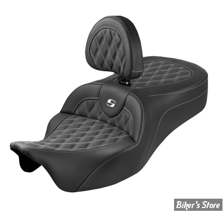 SELLE DUO SADDLEMEN - ROADSOFA KING LATTICE STITCH - AVEC DOSSIER PILOTE - TOURING 08/25 - NOIR/COUTURES BLANCHES - 808-07B-182SB6