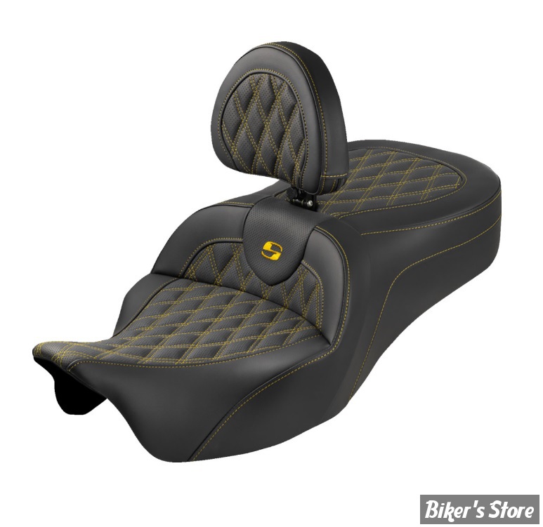SELLE DUO SADDLEMEN - ROADSOFA KING LATTICE STITCH - AVEC DOSSIER PILOTE - TOURING 08/25 - NOIR/COUTURES OR - 808-07B-182SB7